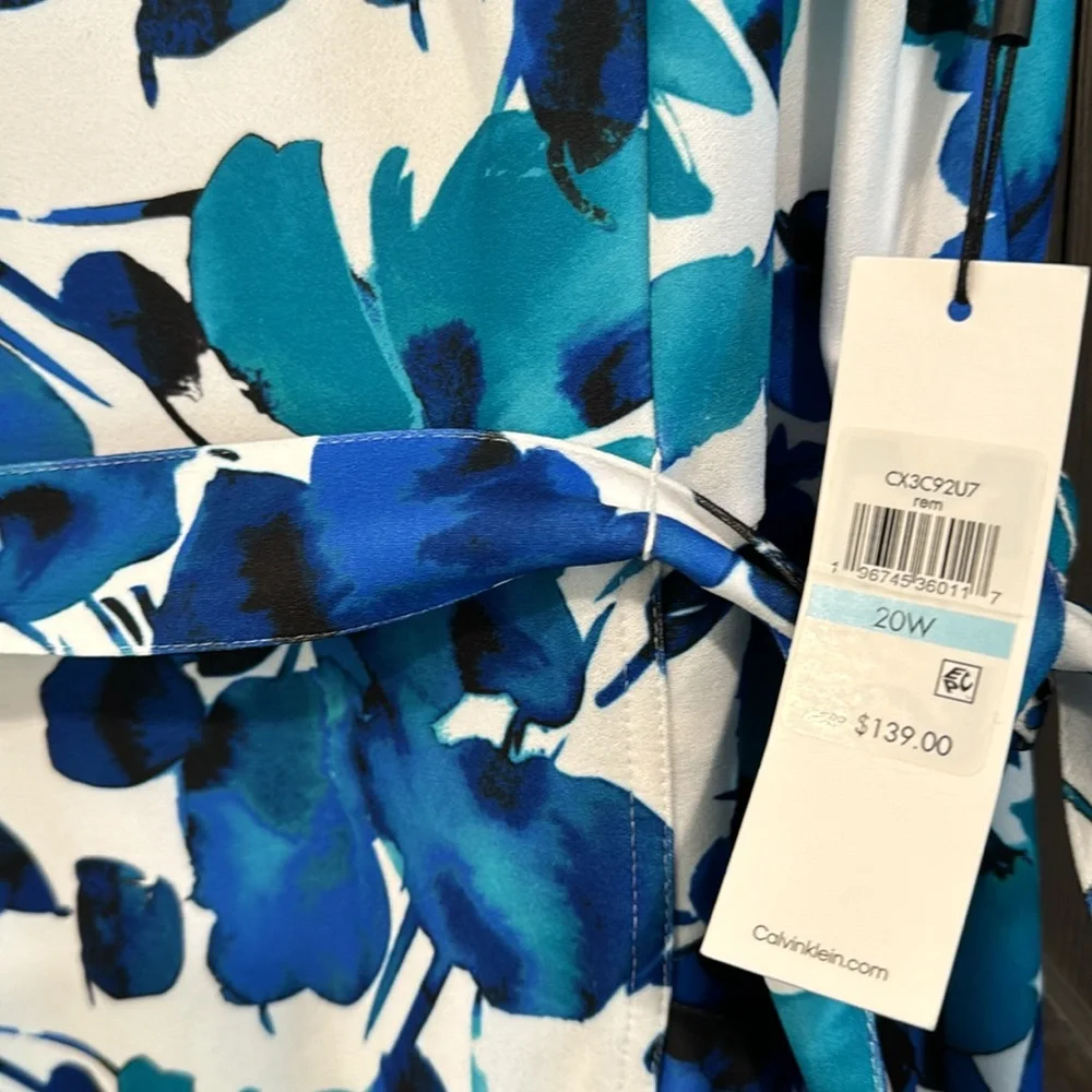 Calvin‎ Klein Women’s Short Sleeve Belted Blue Floral  Ruffle Hem Dress 20W NEW